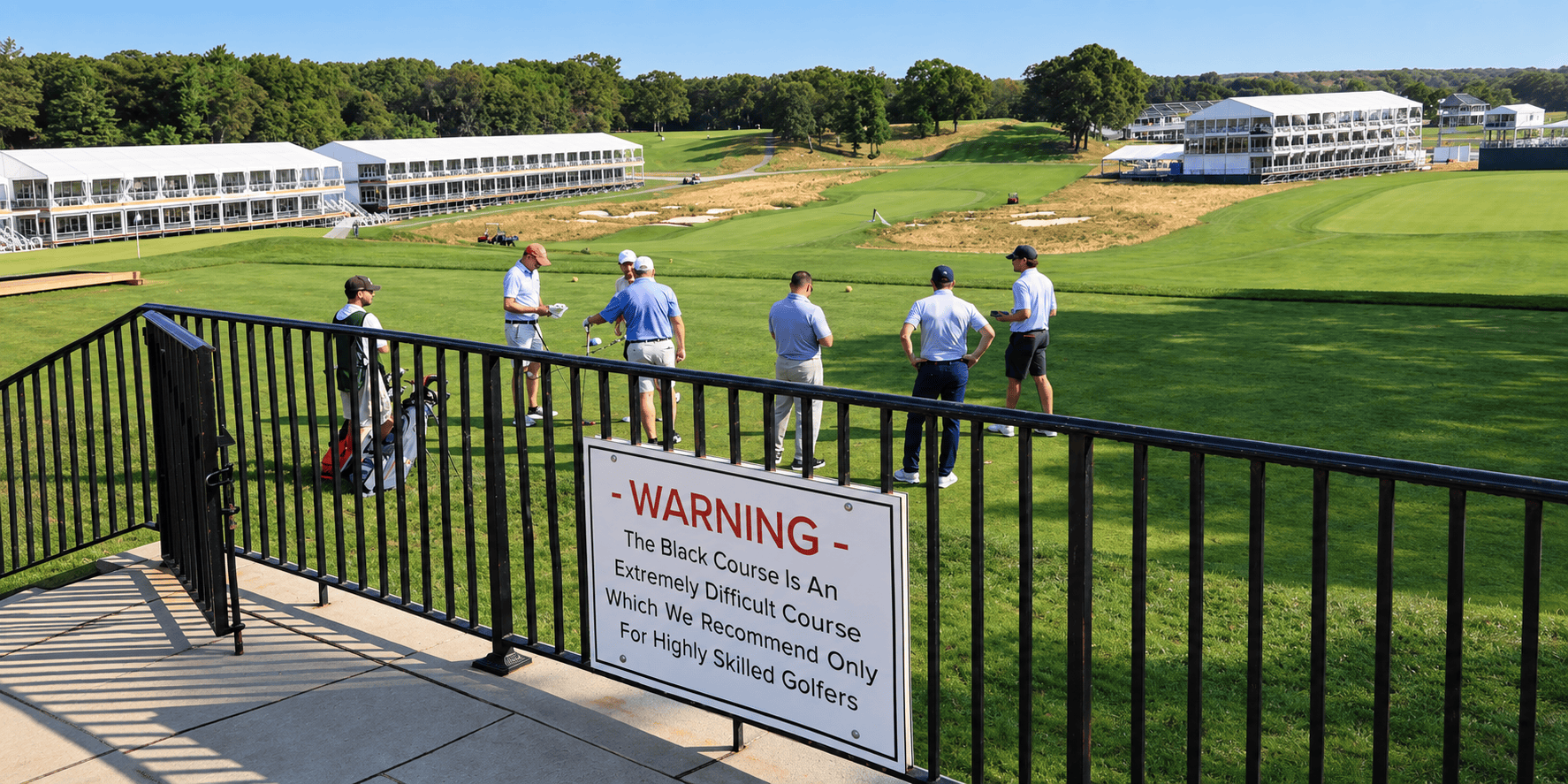 People gathered around the Bethpage Black warning sign